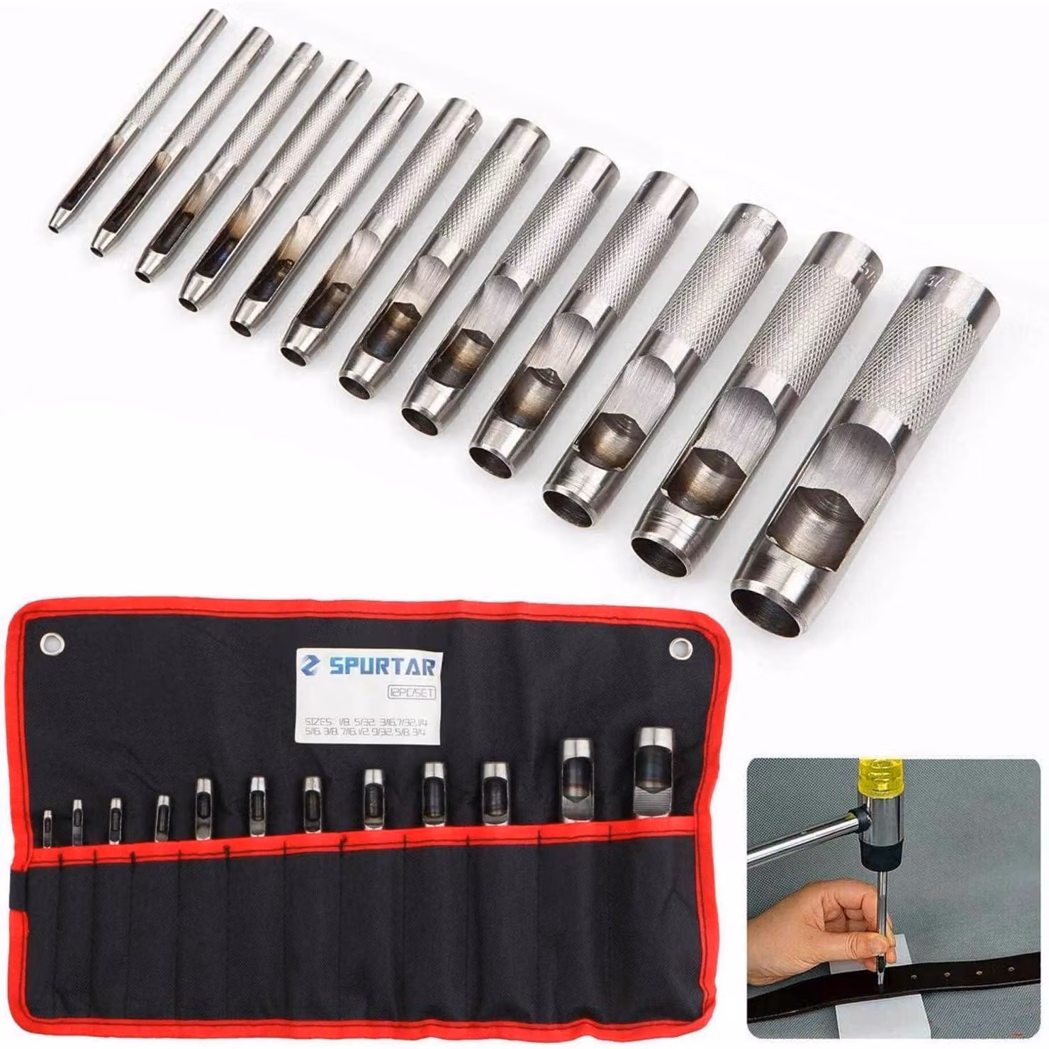 Set di 12 punzoni per fori rotondi in acciaio, da 3 a 19 mm, per la perforazione di pelle, cinture, tessuto, carta, guarnizioni, tela - colore nero argento