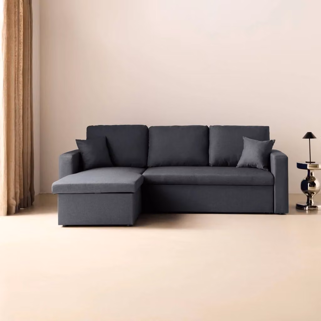 Divano letto angolare a L Sweeek con contenitore e cuscini, reversibile, 3 posti, grigio, L/P/H: 219 x 140 x 84 cm, piano letto: 120 x 200 cm – 2