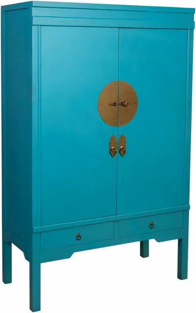 Armadio Wanderlust Deco in legno con 2 ante e 4 cassetti interni, stile orientale, colori blu, turchese e oro, L: 63 cm, P: 26 cm, H: 100 cm