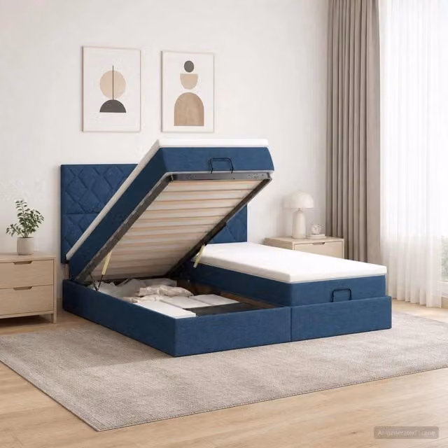 Letto ottomano con materasso e testiera vidaXL in tessuto blu e bianco L/P/H: 200 x 200 x 88 cm