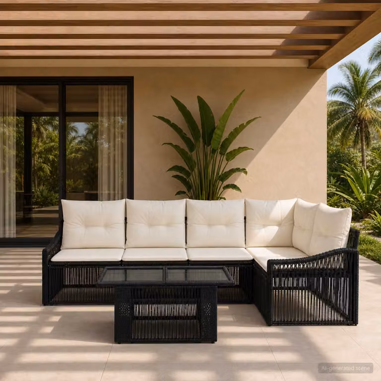 Set Divano da Giardino Moderno vidaXL in Polyrattan 6 Pezzi Nero e Bianco Crema
