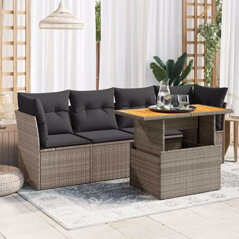 Set Divano da Giardino a L vidaXL in Polyrattan Grigio con Cuscini e Tavolino da Esterno