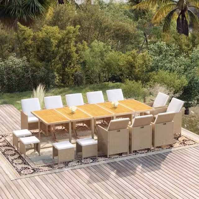 Set da pranzo da giardino vidaXL in legno di acacia oliato con cuscini beige e bianchi 15 pz – 1