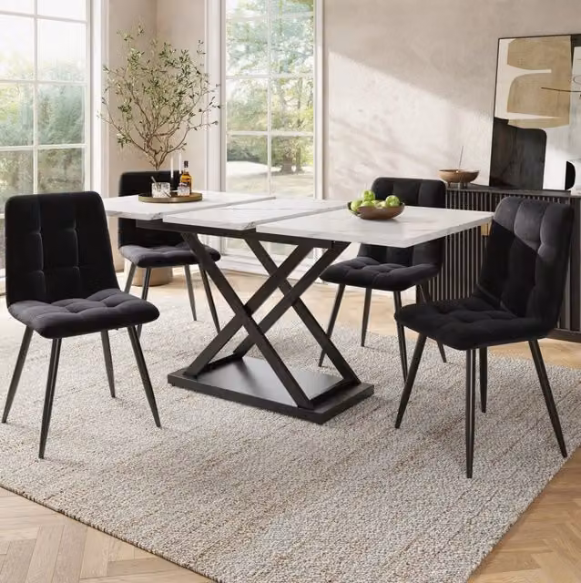 Set da pranzo allungabile 5 pezzi, tavolo bianco e sedie nere