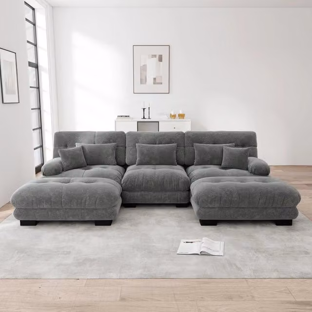 Divano modulare angolare U 313x145x81 cm in tessuto grigio, con ottomane, per soggiorno –