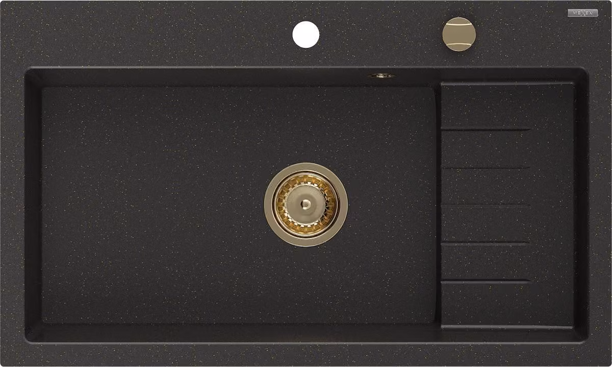 Mexen Omar lavello in granito 1-vasca 800 x 480 mm, nero/oro metallizzato, sifone dorato - 6520801005-75-G