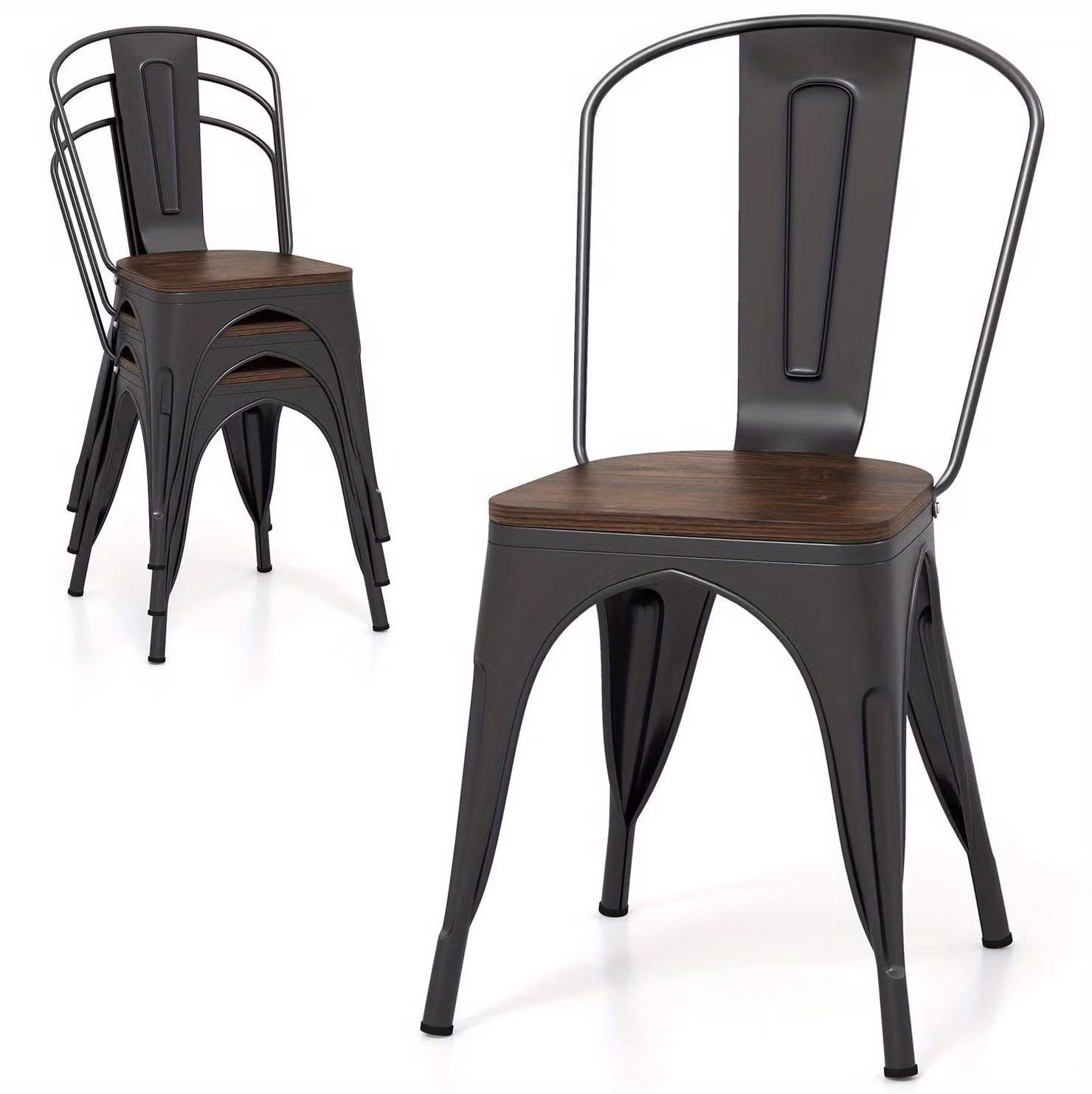 Sedie da pranzo - Sedie da cucina - Sedie impilabili - Sedie in metallo - Seduta in legno - Set da 4