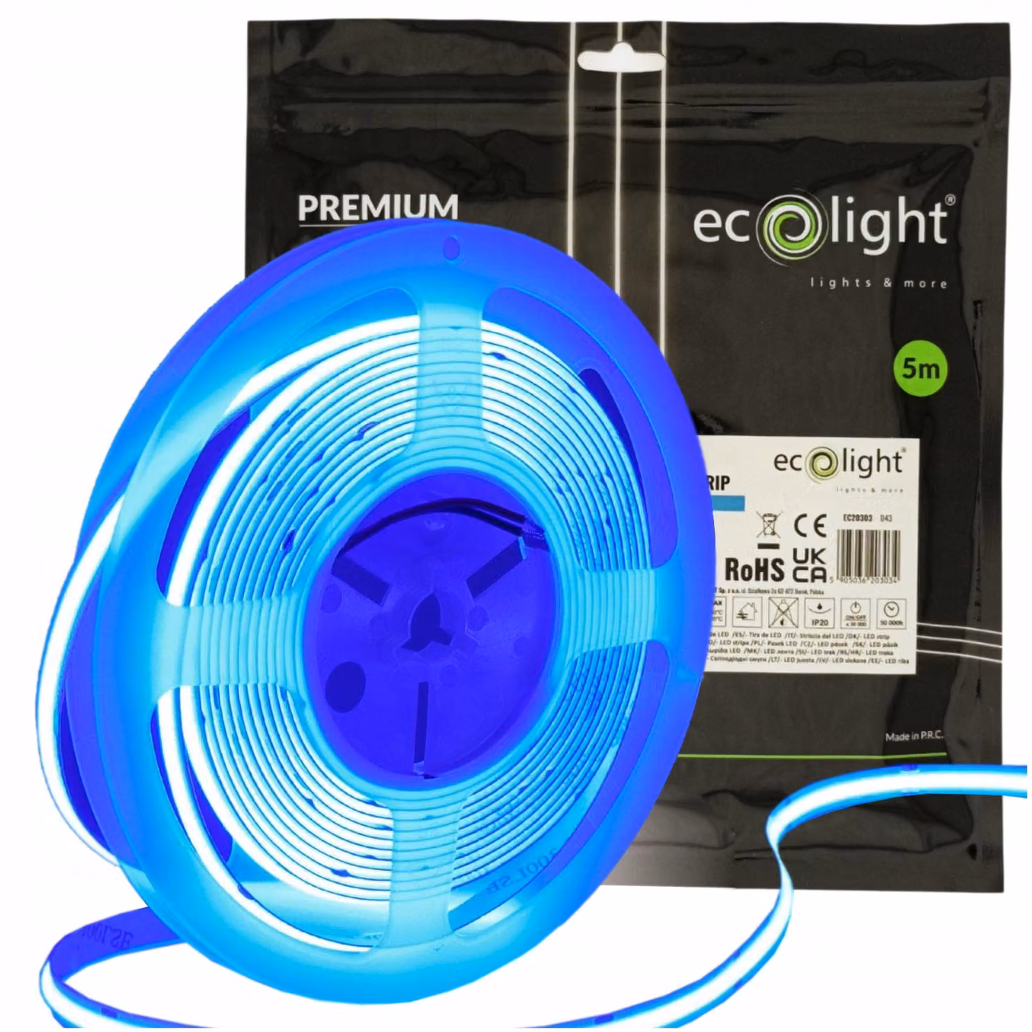 Striscia LED 12V COB 45W 480LED 2835 Blu 8mm 5m ECOLIGHT