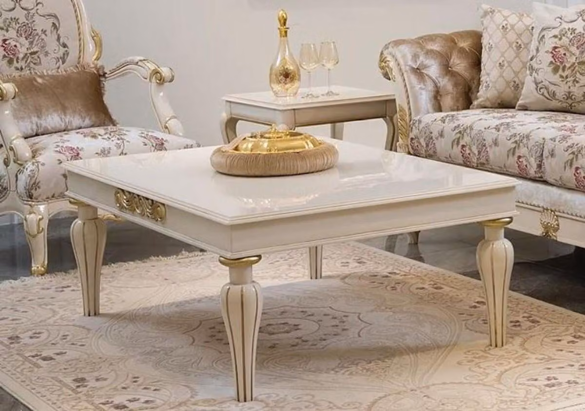 Casa Padrino tavolino barocco bianco/oro 125 x 90 x h. 47 cm - Elegante tavolino da salotto in legno massiccio in stile barocco - Mobili da salotto barocchi