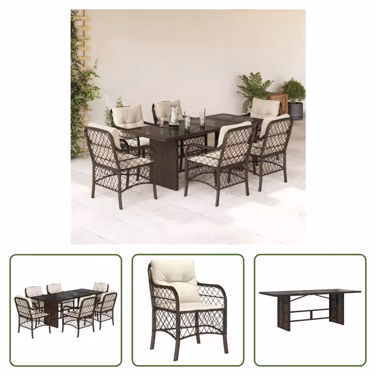The Living Store Set da pranzo da giardino 7 pezzi con cuscini in polirattan marrone