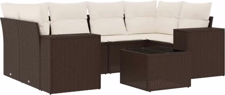 Set Divani da Giardino 7 pz con Cuscini Marrone in Polyrattan