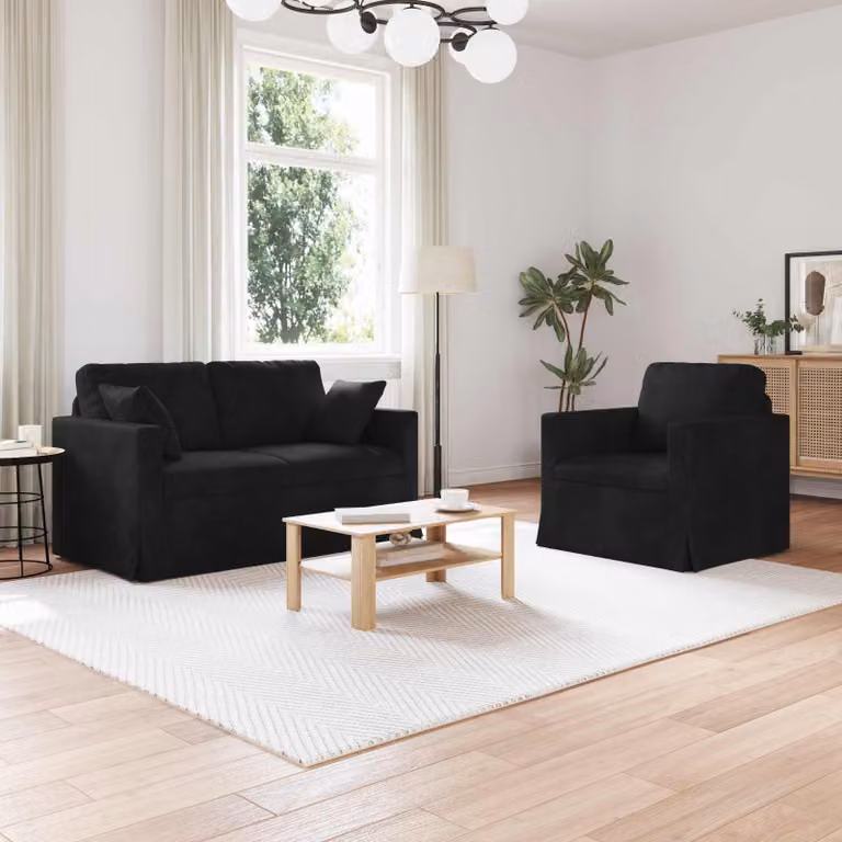 Set di 2 divani moderni vidaXL in velluto nero con struttura in metallo e coperture rimovibili