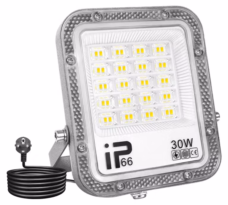 Faretto LED da esterno, 30 W, 3000 lumen, 6000 K, grado di protezione IP66, con spina