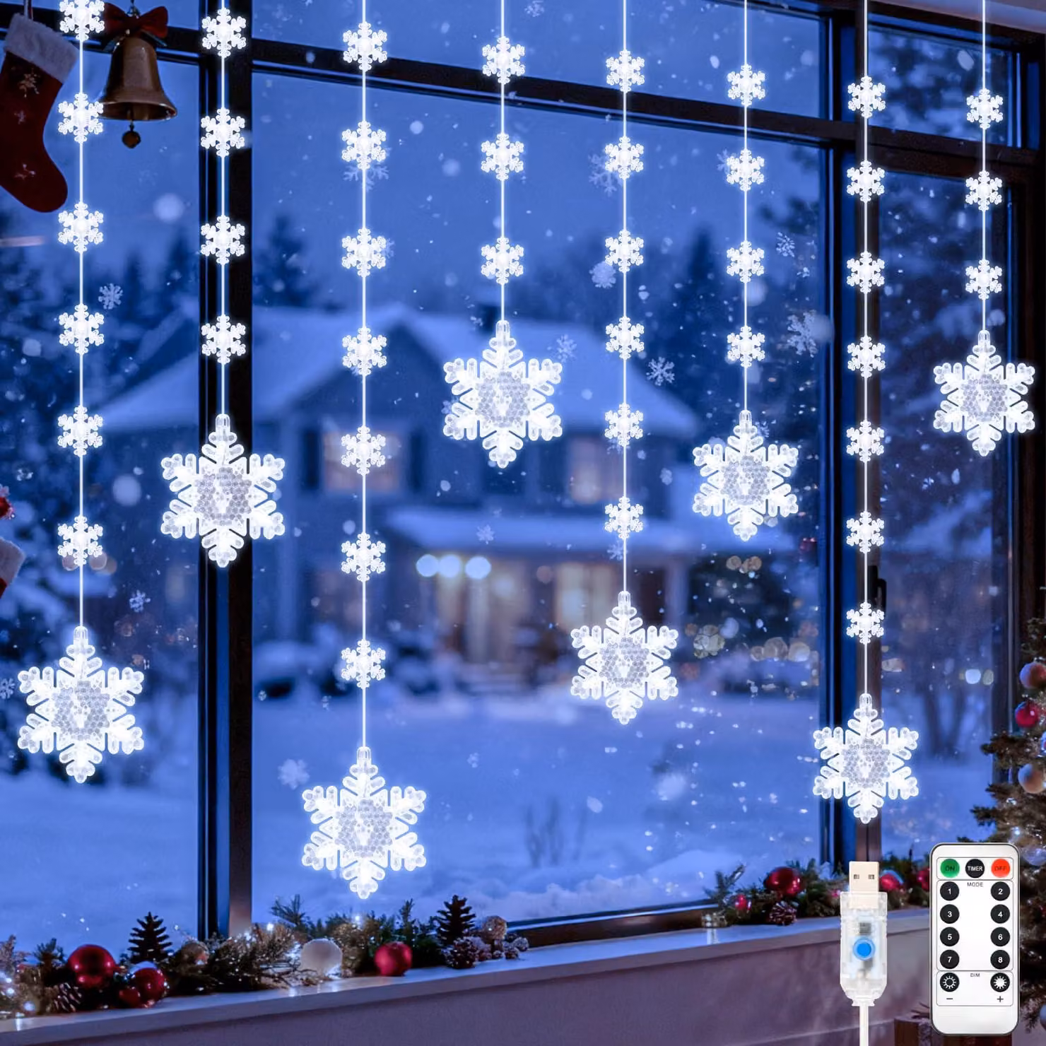 Tenda luminosa a forma di fiocchi di neve, 2 metri, 80 LED, alimentazione USB, timer, luce bianca fredda