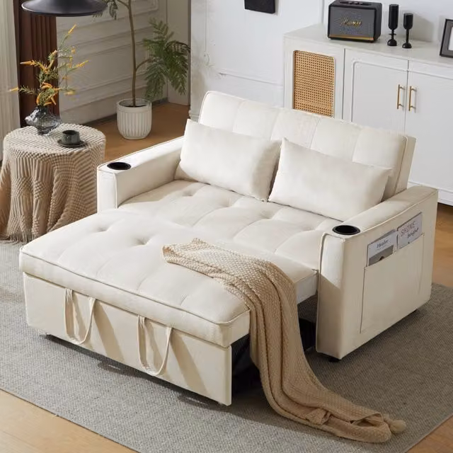 Divano letto ULEVR 137 cm in velluto beige, schienale regolabile a 3 posizioni con portabevande e tasche laterali