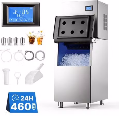 VEVOR Macchina per Ghiaccio Commerciale 209 kg/h Acciaio Inox Autopulizia Contenitore per Ghiaccio 113 kg, Ideale per Bar, Caffetterie, Ristorante, Spessore del Ghiaccio Regolabile, Schermo a Tocco