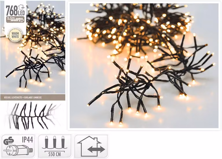 Catena luminosa a grappolo 768 luci natalizie a LED bianco caldo 5,5 metri IP44