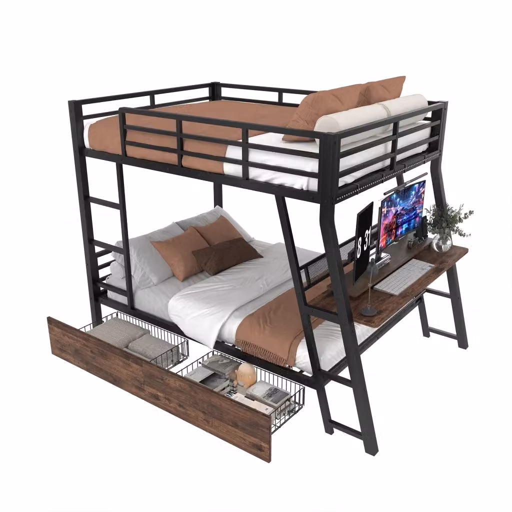 Letto a soppalco Chicfurn nero con scrivania, illuminazione LED, 2 cassetti e scala, L/P/H: 200 x 140 x 236,8 cm – 2