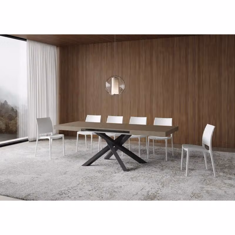 Tavolo allungabile moderno ITAMOBY con telaio a X in metallo antracite e piano in MDF laminato beige, L: 120/380 cm, P: 90 cm – 2
