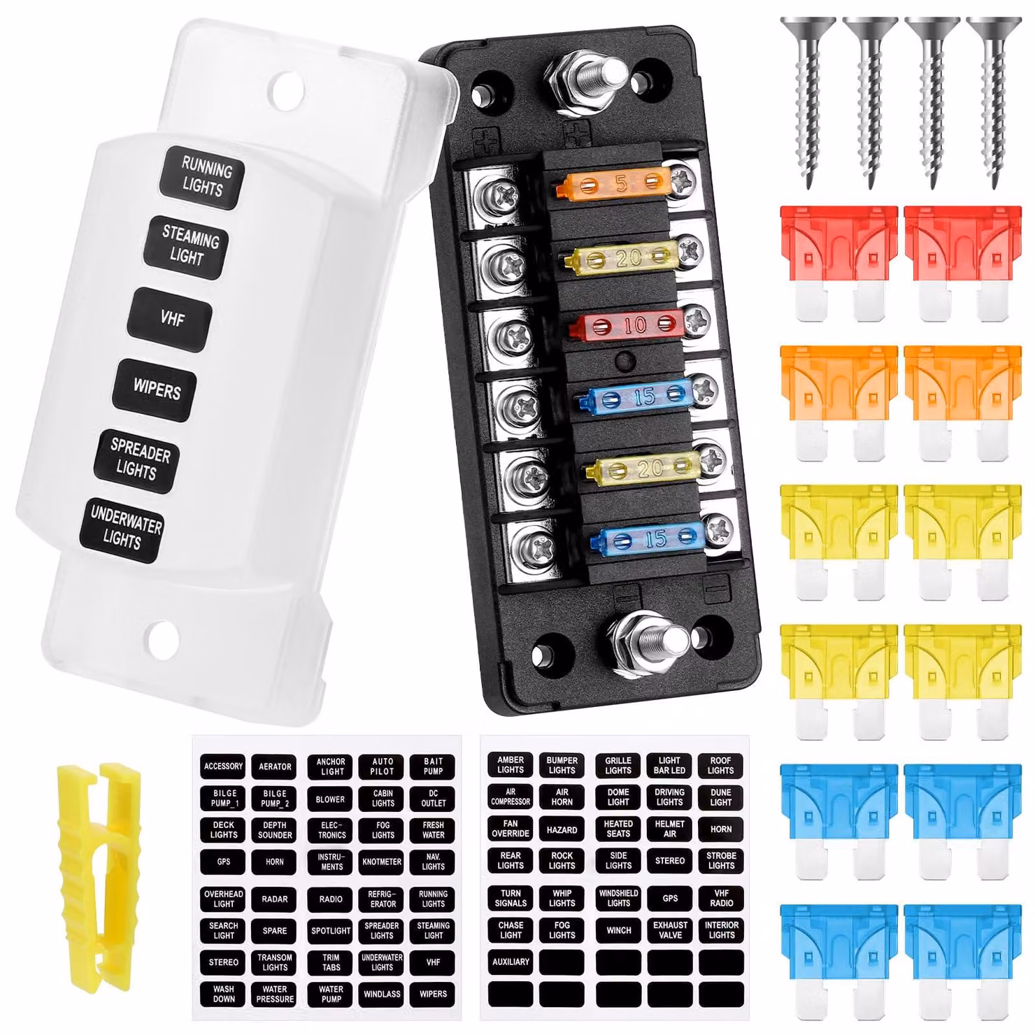 Pannello di fusibili da 12V, a 6 vie, con fusibili per auto da 5A, 10A, 15A e 20A