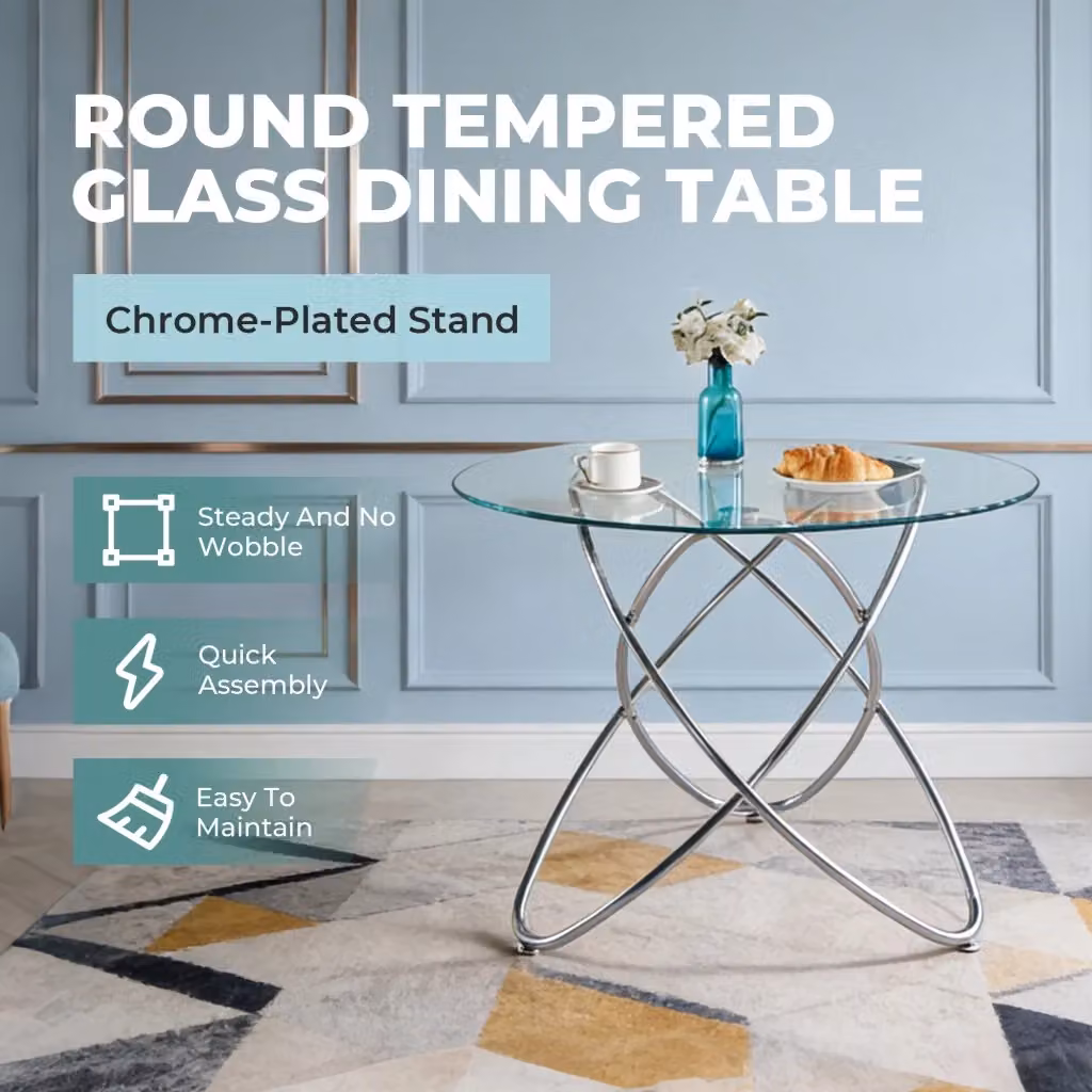 Tavolo da pranzo rotondo OKWISH in vetro trasparente e metallo argento per cucina e soggiorno moderno – 2