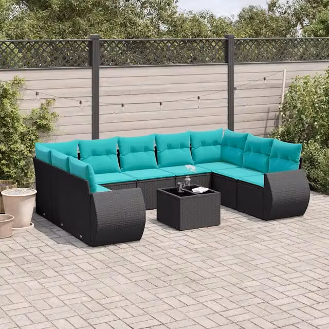 Set Divani da Giardino 10 pz con Cuscini Nero in Polyrattan 3221806