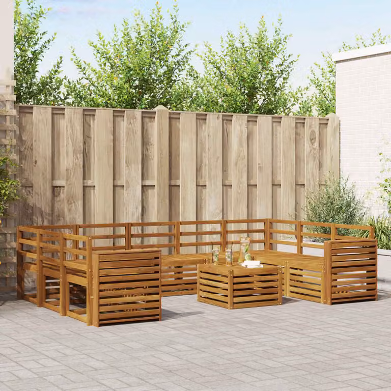 Set di divani da esterno vidaXL 10 pezzi in legno di acacia marrone con cuscini e tavolino da caffè per giardino e terrazza