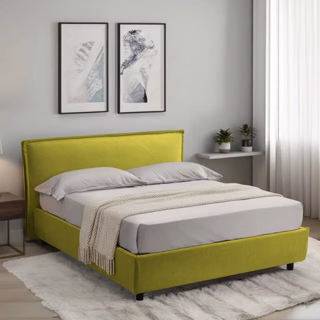 Letto alla francese Brienza con materasso incluso, struttura imbottita in tessuto verde e nero, base contenitore lift up, L/P: 120 x 200 cm – 1