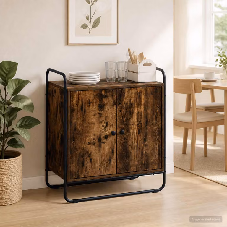 Credenza vidaXL in stile industrial color rovere fumo, realizzata in legno e metallo, L 68 cm x P 35 cm x H 75 cm