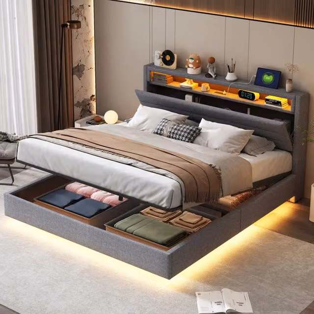 Letto contenitore matrimoniale OKWISH moderno in tessuto grigio con porta USB, illuminazione LED e mensola integrata, L/P/H: 160 x 200 x 110 cm