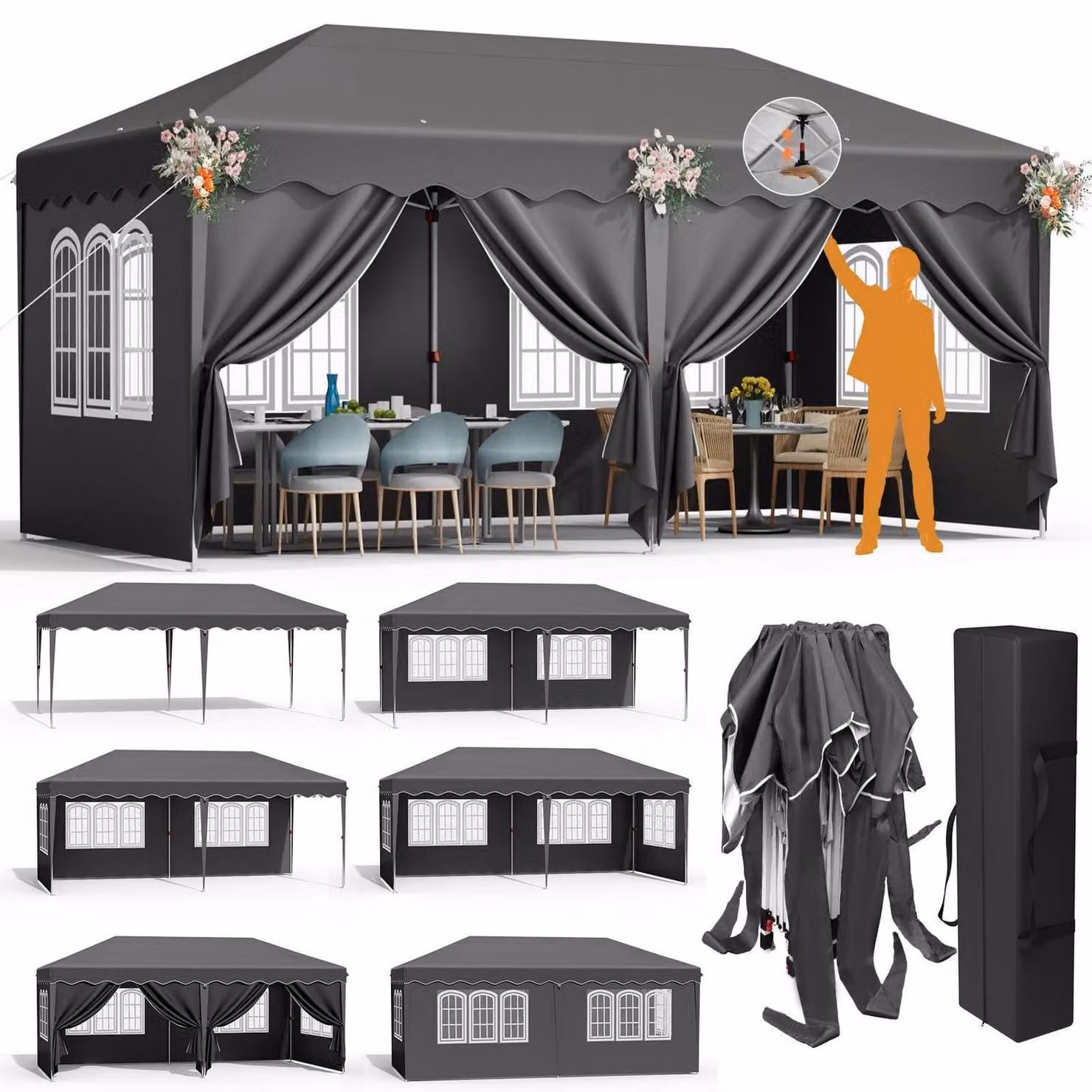 Gazebo da esterno 3x6 metri, grigio, con 6 pannelli laterali, impermeabile, stabile e con altezza regolabile