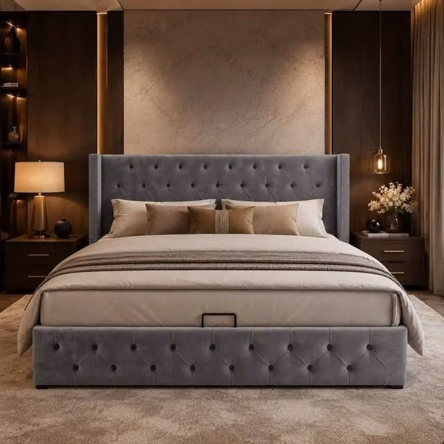 Letto matrimoniale 180x200 cm con contenitore idraulico in velluto; grigio