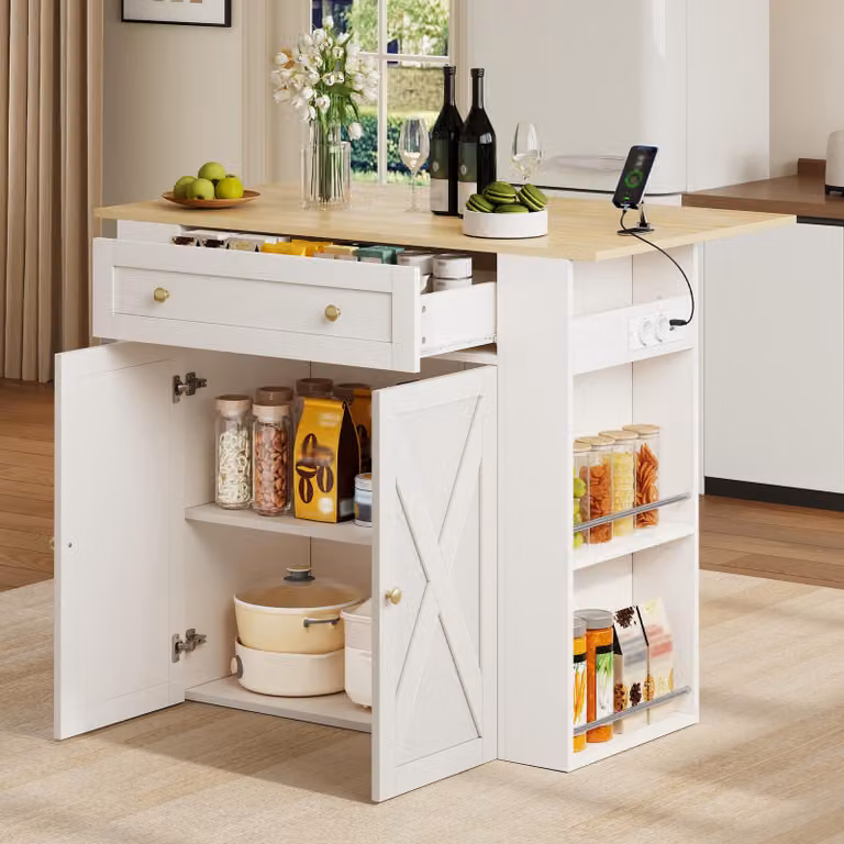 Isola da cucina STILVORA con piano di lavoro pieghevole, mobile da cucina con 2 ante e 1 cassetto, angolo caffè con scaffali aperti laterali e prese di corrente