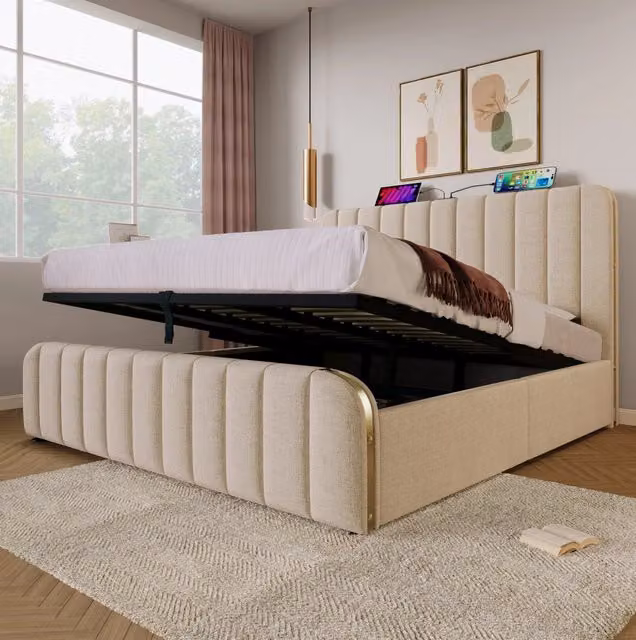 Letto matrimoniale contenitore ULEVR 180x200 cm con USB e Type-C, testiera imbottita in lino beige