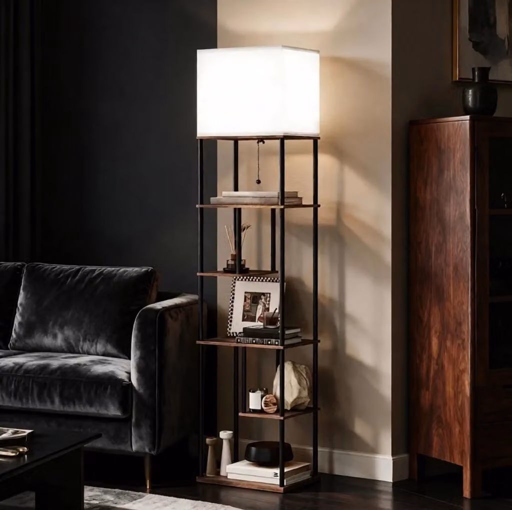 Lampada da terra MODFU con 5 ripiani, dimmerabile con telecomando e paralume in tessuto beige – 2