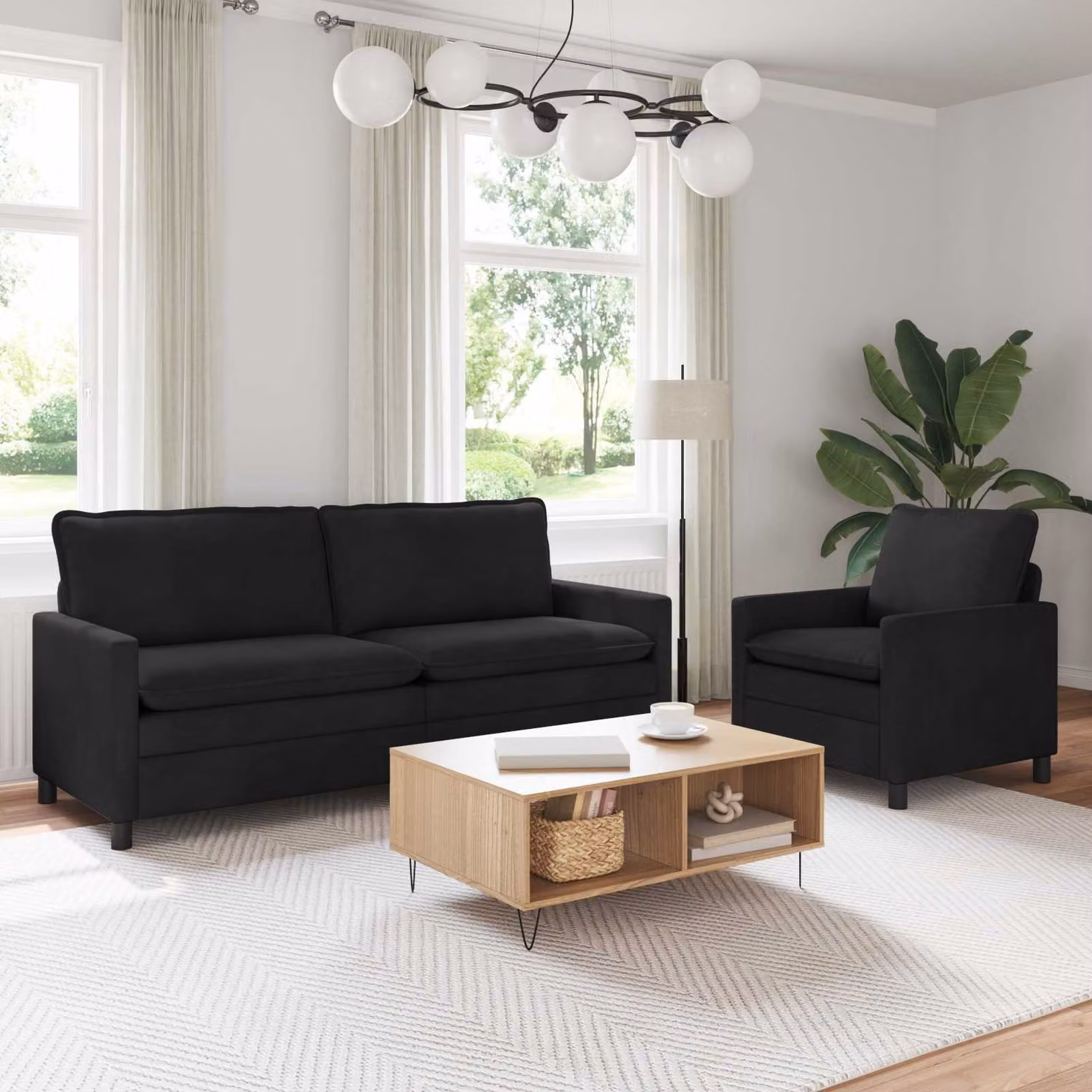Set di 2 divani moderni vidaXL in velluto nero con cuscini decorativi e coperture rimovibili
