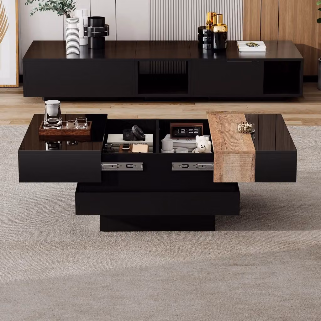 Tavolino da Salotto Quadrato Estensibile Xylo Nero con Vano Contenitore in MDF Lucido L/P/H: 70 x 70 x 39 cm – 2