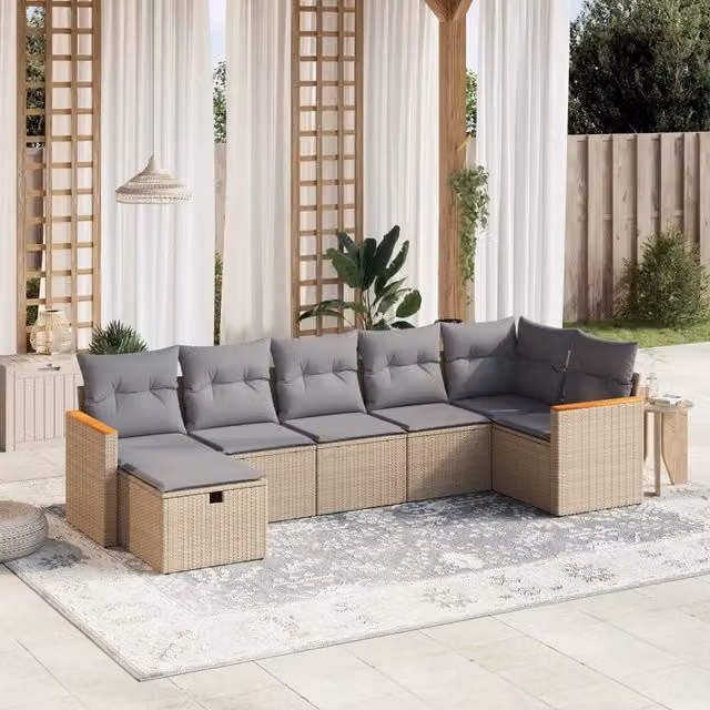 Set Divano da Giardino 7 pz con Cuscini Beige Misto Polyrattan 3265315