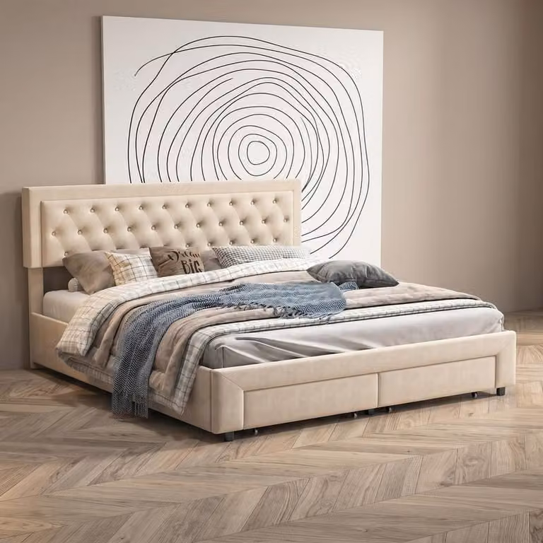 Struttura letto ProximaX in velluto beige 160x200 cm con vano contenitore idraulico, 2 cassetti e testiera trapuntata