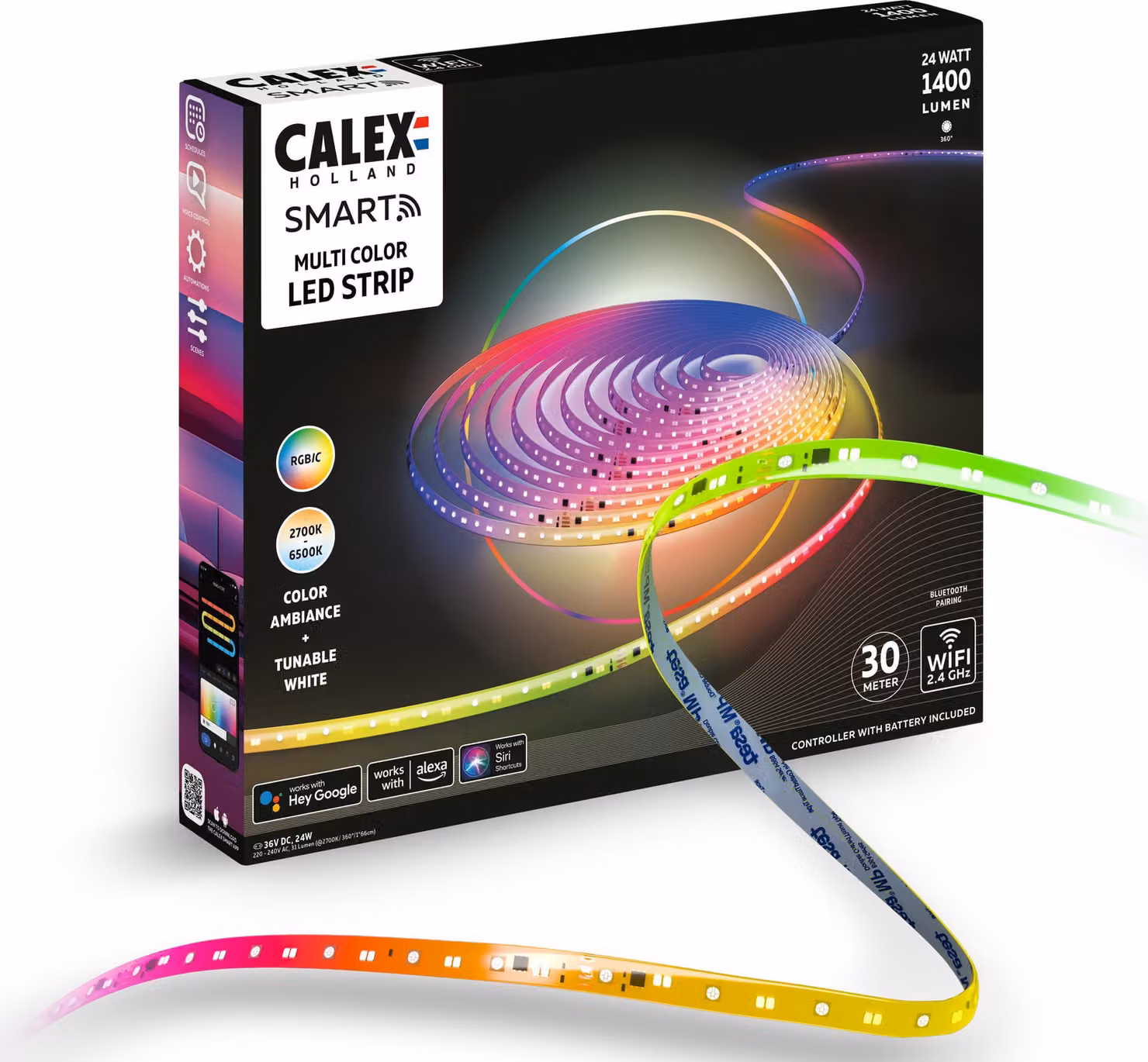 Striscia LED smart Calex, 30 metri, RGBIC, tagliabile, dimmerabile, sincronizzazione con la musica