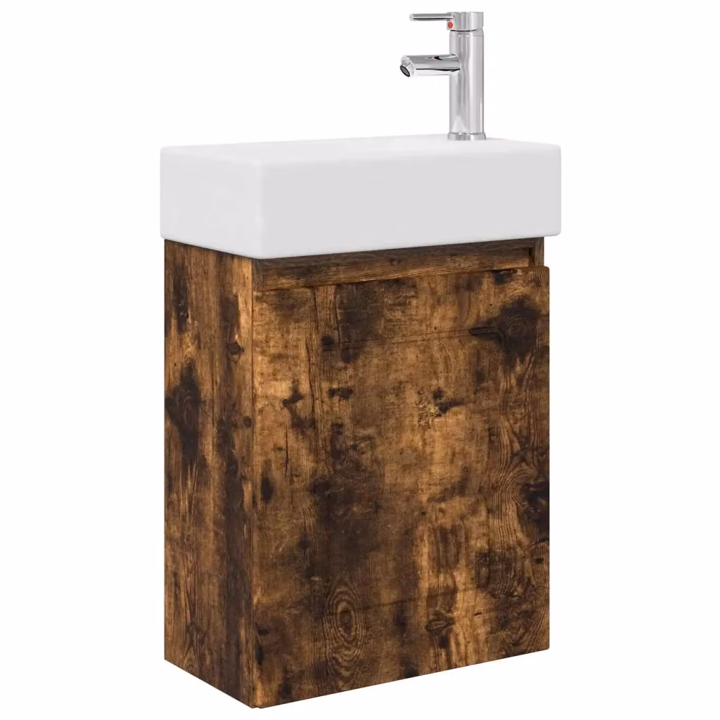 Mobile bagno moderno vidaXL in legno e MDF con rubinetto, colore rovere e bianco, L/P/H: 45,5 x 22,5 x 84 cm – 2