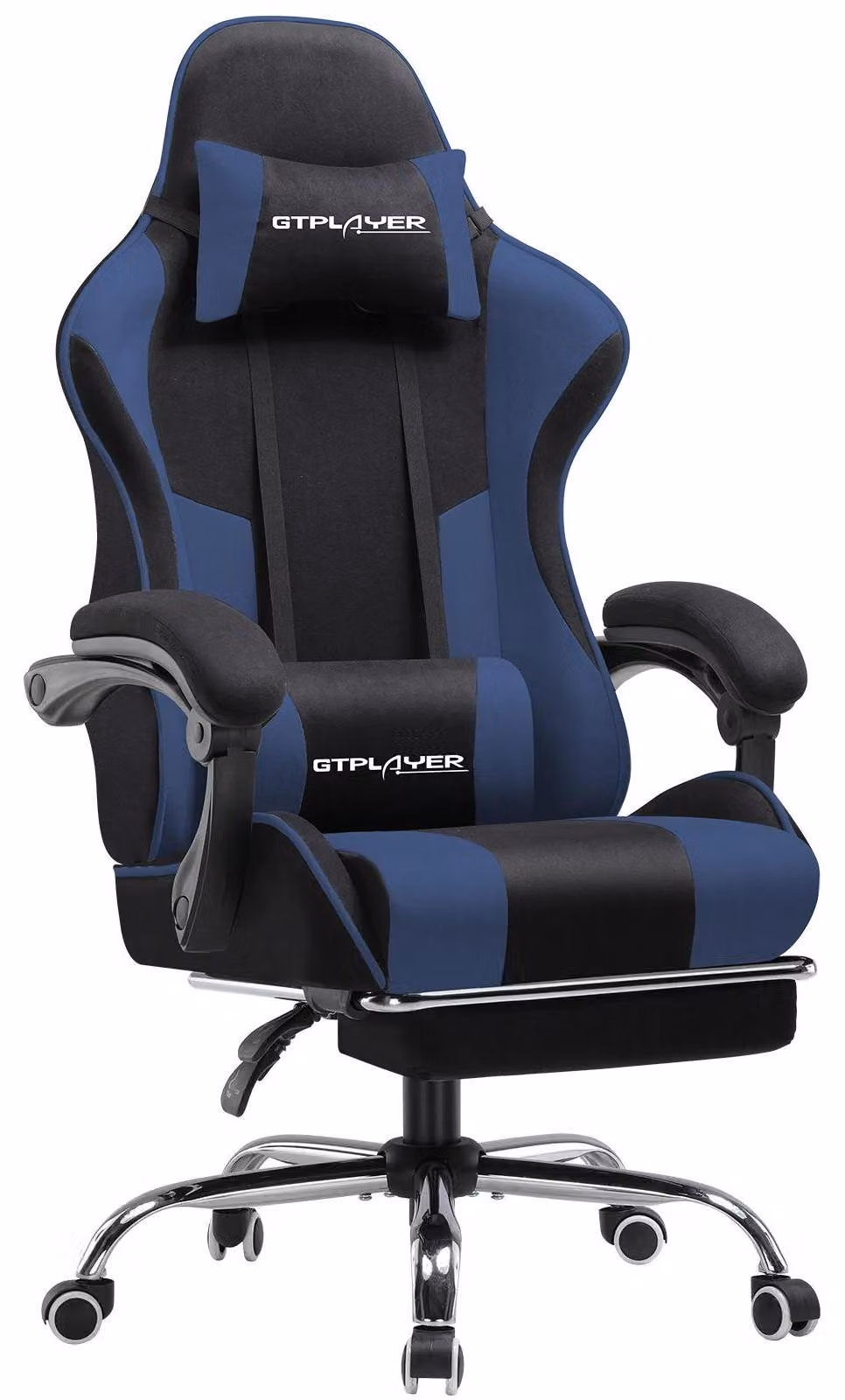 Sedia da gaming / da ufficio - Sedia girevole - Ergonomica - Poggiapiedi - Poggiatesta e cuscino lombare - Regolabile in altezza - Rivestimento in tessuto - Portata 150 kg - Blu/Nero