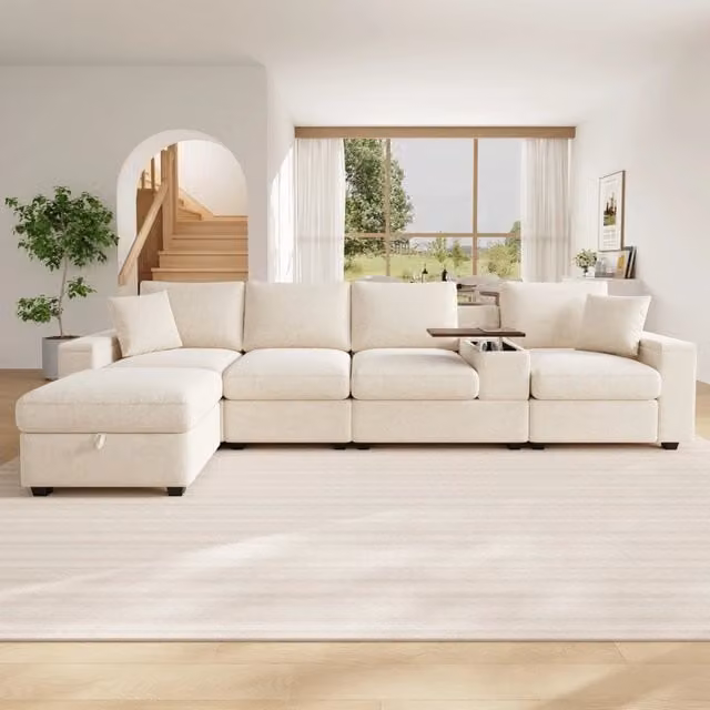 Divano modulare angolare MODFU beige con pouf, porta bicchieri e ricarica USB/Type-C, L: 313 cm