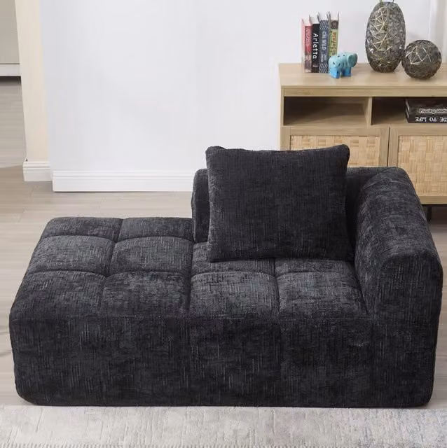 Divano chaise longue 158x90x60 cm con tasche laterali; cuscino incluso; in chenille nero