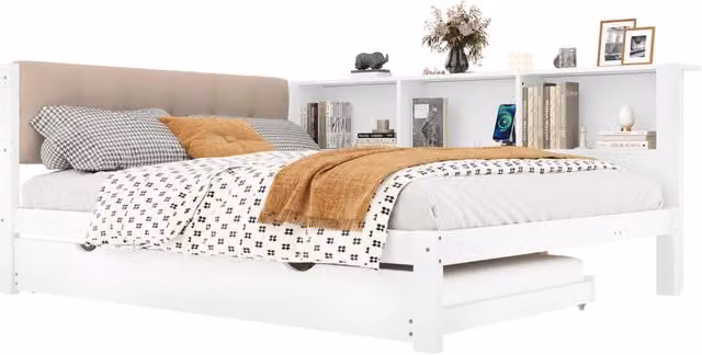 Letto a divano moderno bianco con letto estraibile, porte USB, illuminazione LED e ripiani laterali, in legno massello e MDF, L/P: 140 x 200 cm – 1