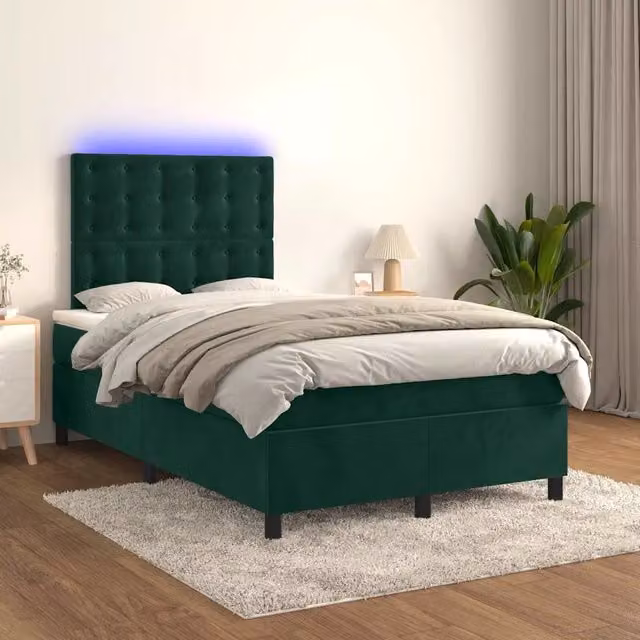 Letto a Molle con Materasso e LED Verde Scuro 120x200cm Velluto 3136356