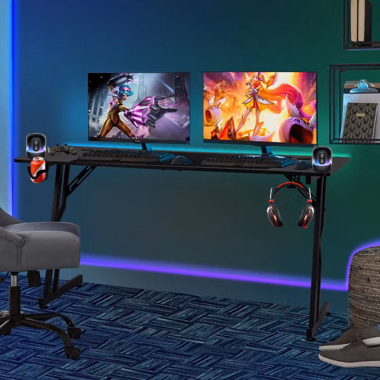Jayseuw Scrivania per computer a forma di Z 120x60cm, scrivania da gioco con portabicchieri, gancio per cuffie, scrivania per casa e ufficio (nero)