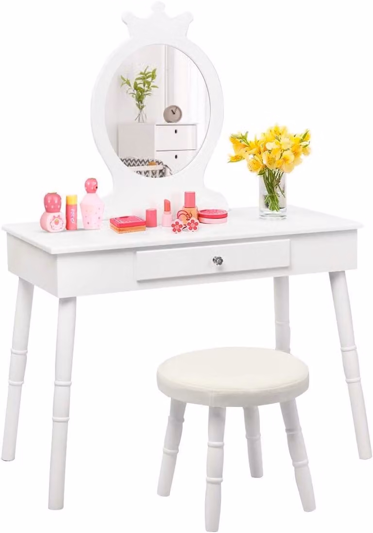 Tavolino trucco 2-in-1 per bambini con specchio e sgabello, colore bianco