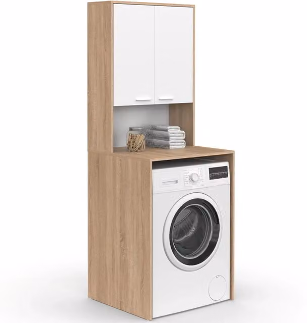 IDMarket Piano lavatrice WALLIS con armadio in faggio e legno bianco, L: 60 cm, P: 65 cm, H: 180 cm