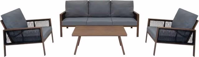 Set Mobili da Esterno 4 Pezzi in Alluminio Divano Tavolino Poltrone Effetto Legno